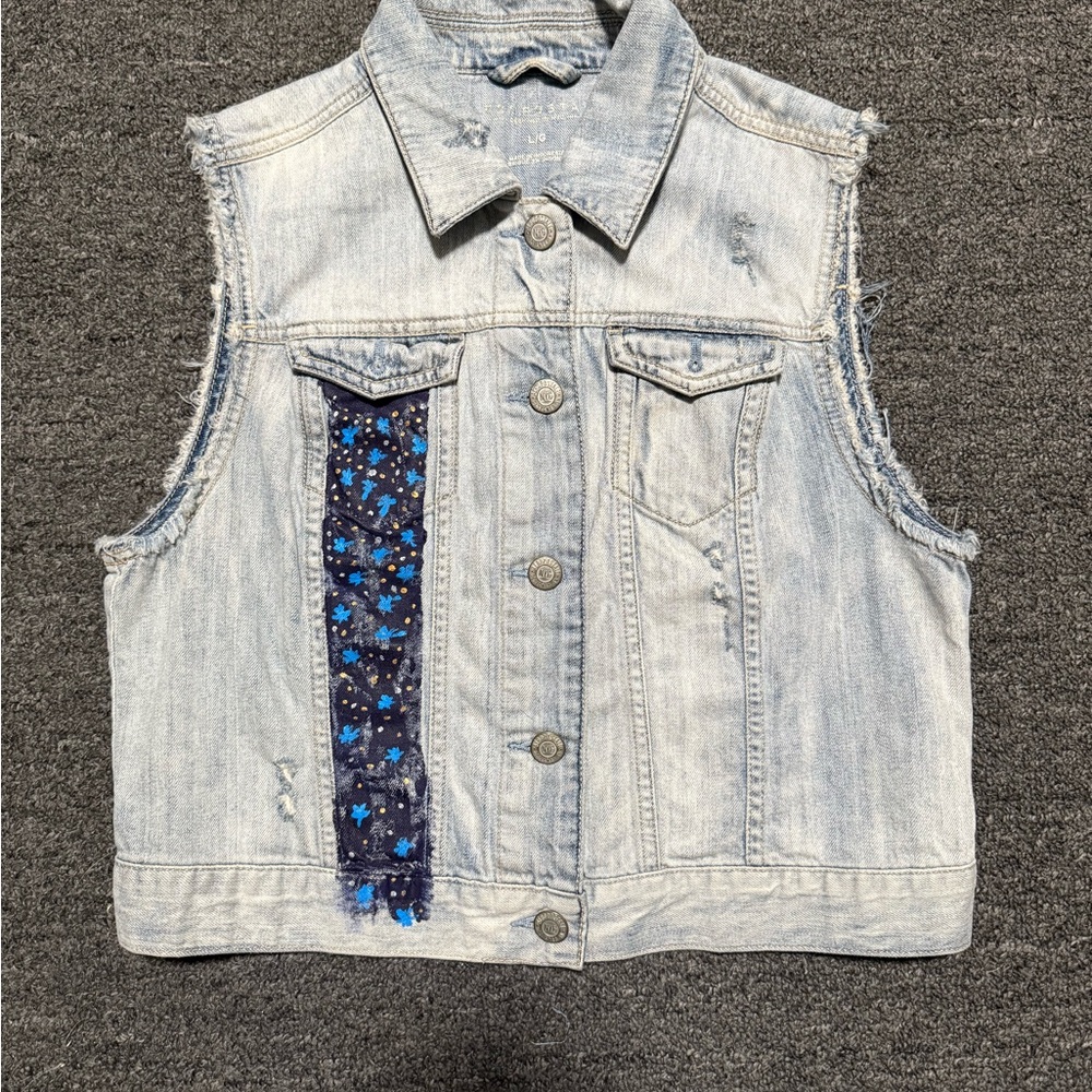 Vintage hand-painted denim vest with crotchet back panel